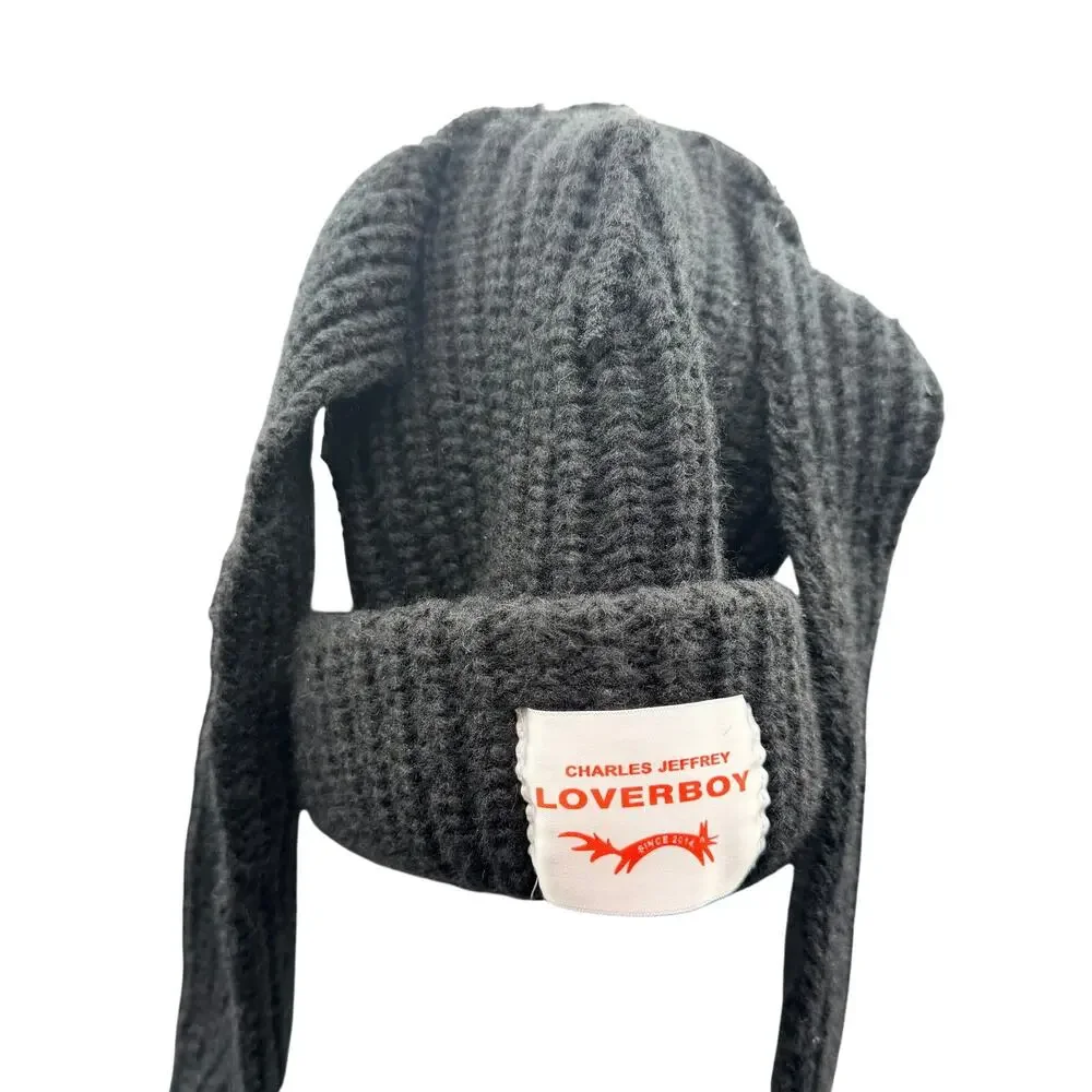 Charles Jeffrey Loverboy Chunky Ears Beanie Black Knit Logo Hat